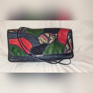 Carlos Falchi Leather Collage Patchwork Print Crossbody Bag Blue Multi VGUC